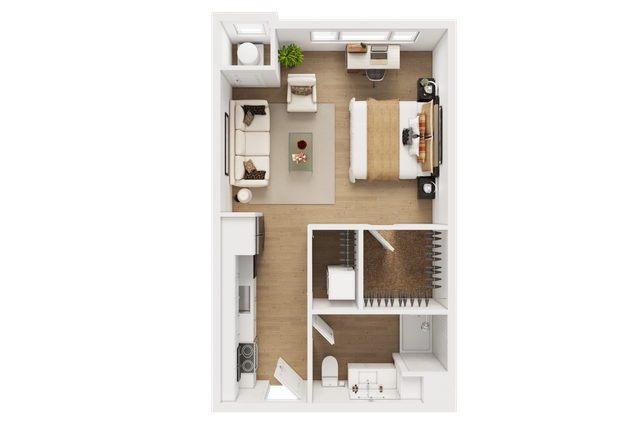 The studio floorplan ranges from 455-458 sq. ft.