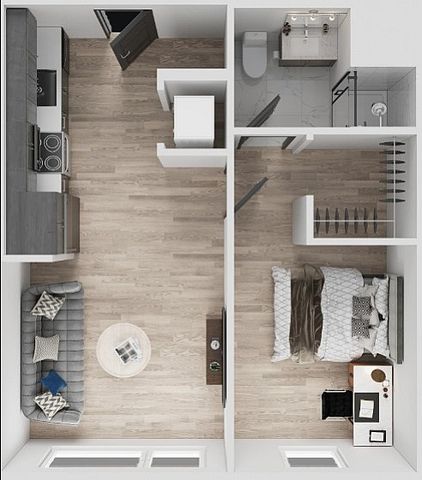 Modern apartment layout showcasing an open-concept kitchen and living area, adjoining a cozy bedroom with an integrated workspace and a chic bathroom.