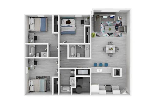 Modern 3-bedroom floor plan with two elegant bathrooms, a spacious open-plan living and dining area, and a sleek kitchen island with bar seating.