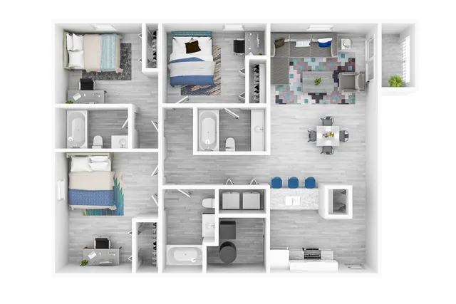 Elegant 3-bedroom apartment floor plan showcasing spacious living area, modern kitchen with bar seating, and three well-designed bathrooms.
