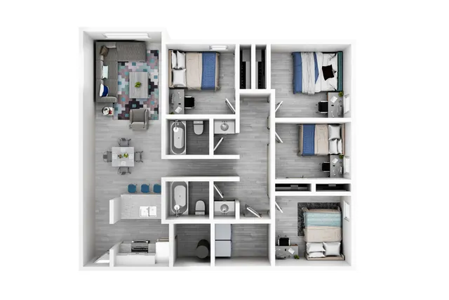 Modern 3D floor plan showcasing three cozy bedrooms, two elegant bathrooms, a spacious living room, and an open kitchen with dining area.