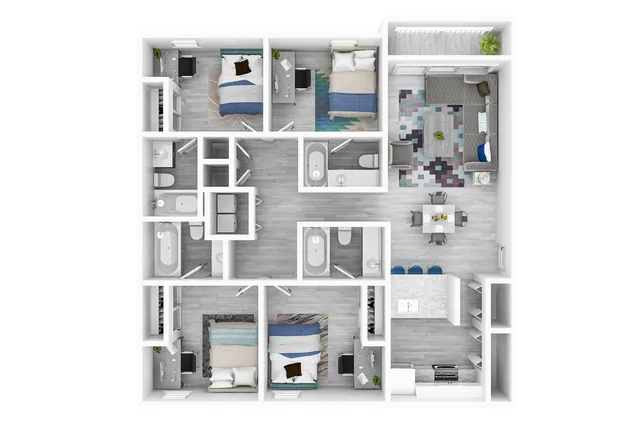 Modern 2D floor plan showcasing 3 spacious bedrooms, 2 elegant bathrooms, an open living area, and a contemporary kitchen. Ideal for stylish city living.