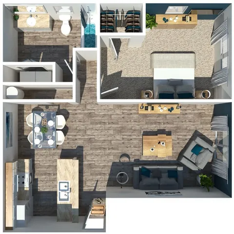 Efficient floor plan showcasing one bedroom, a modern kitchen, a dining area, and a spacious living room.
