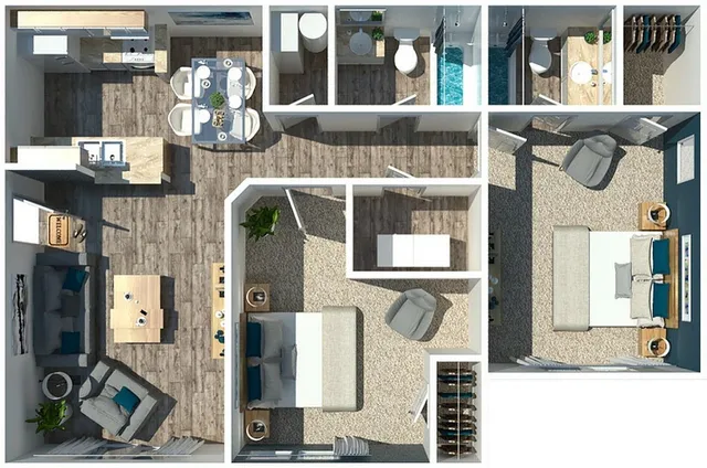 2D floor plan showcasing a spacious two-bedroom apartment with open-concept living and dining area.