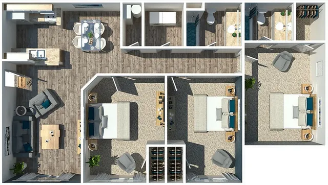 3D layout of a modern apartment with two bedrooms, open kitchen, dining area, and living room.