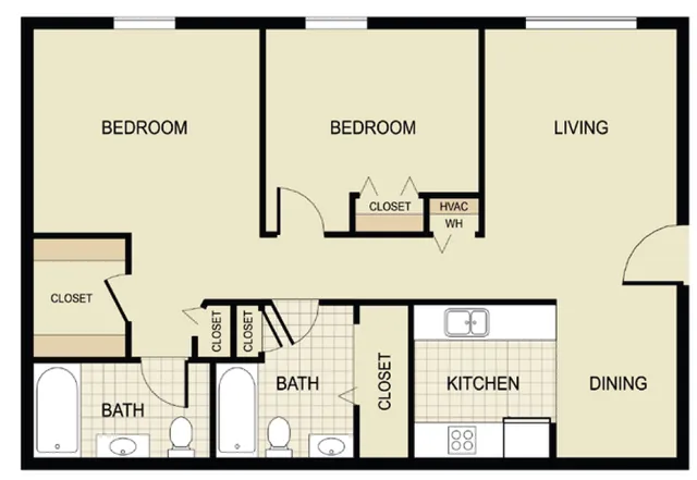 Modern 2D floor plan showcasing 2 spacious bedrooms, open living and dining area, efficient kitchen, and 2 bathrooms.