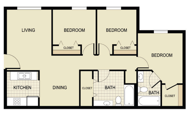 Modern floor plan showcasing a comfortable layout with 3 bedrooms, spacious living room, open dining area, well-equipped kitchen, and two full bathrooms.
