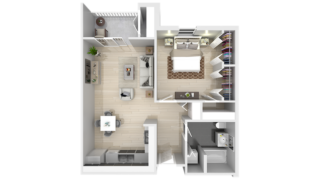 Modern apartment floor plan showcasing a spacious one-bedroom layout with open living area, kitchen, private balcony, and well-appointed bathroom.