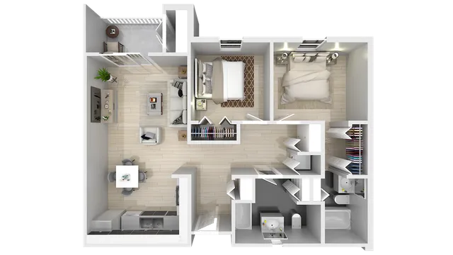 Modern 3D floor plan featuring two cozy bedrooms, an inviting living area, and a stylish kitchen with dining space.
