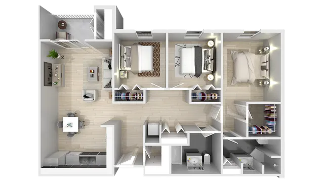 Contemporary floor plan layout with three bedrooms, open living and dining area, fully equipped kitchen, and modern bathrooms.