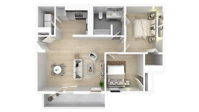 Bright and inviting 3D floor plan featuring two cozy bedrooms, an open-concept living room, sleek kitchen, and modern bathroom. Ideal for stylish urban living.