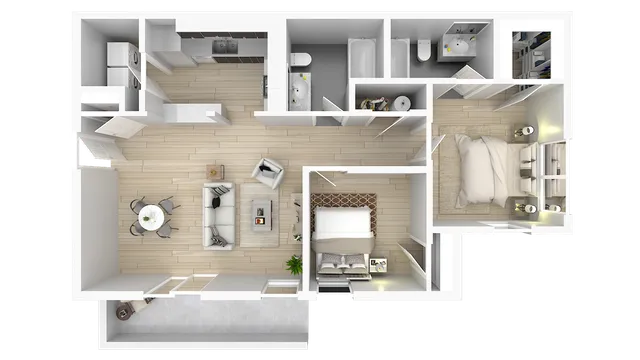 Contemporary 3D floor plan showcasing a spacious layout with two bedrooms, a stylish living room, a modern kitchen, and two bathrooms.