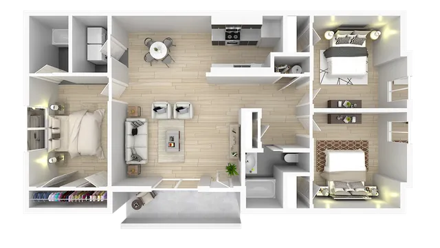 Elegant 3D floor plan featuring two cozy bedrooms, a spacious living room, a modern kitchen with dining area, and a sleek bathroom.