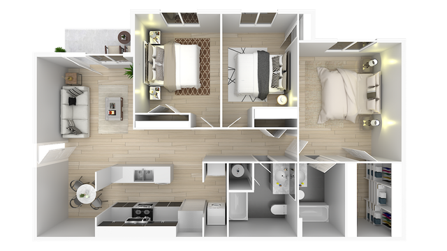 Chic floor plan showcasing 3 bedrooms, a modern kitchen, inviting living room, and stylish bathrooms with ample storage.