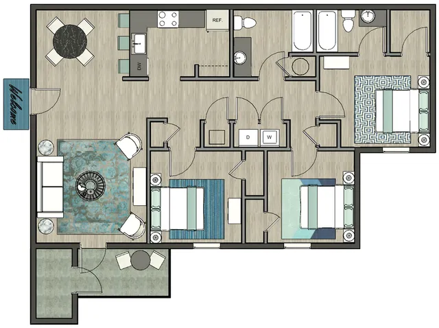 Modern floor plan showcasing 3 bedrooms, elegant living area, and sleek kitchen layout.