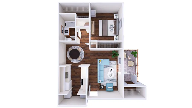 Modern 2D floor plan showcasing a single bedroom, open living area, sleek kitchen, and cozy outdoor patio.
