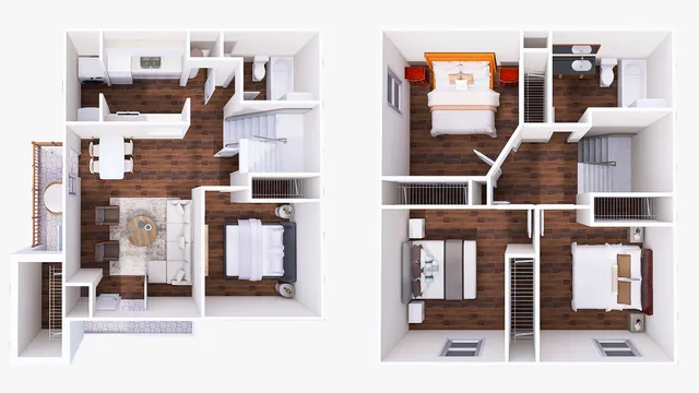 Elegant 3D floor plan showcasing a two-story apartment with 3 bedrooms, open-concept living and dining areas, and a modern kitchen. Features include wood style floors and a cozy balcony.