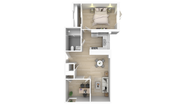 Modern 3D floor plan featuring a cozy bedroom, a sleek bathroom, an efficient kitchen, and a spacious living area perfect for work and relaxation.