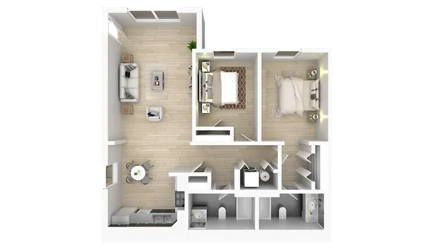 Contemporary floor plan showcasing 2 cozy bedrooms, a bright open living area, sleek kitchen, and modern bathrooms.