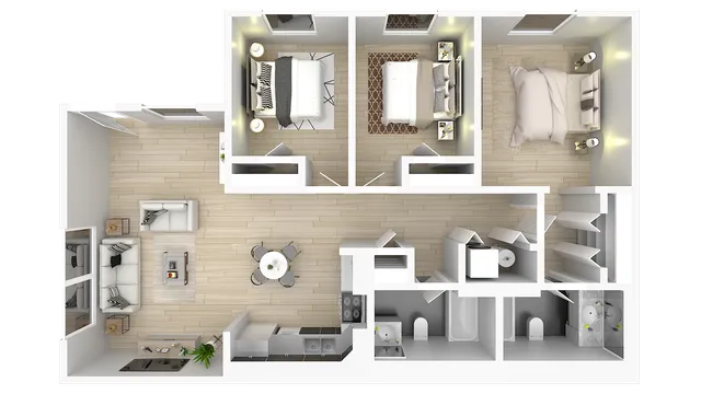 Contemporary 3-bedroom floor plan featuring a spacious living area, modern kitchen, and luxurious bathrooms.