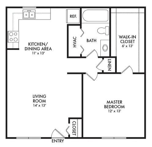 Modern 1-bedroom apartment floor plan with spacious living room, kitchen/dining area, and walk-in closet.