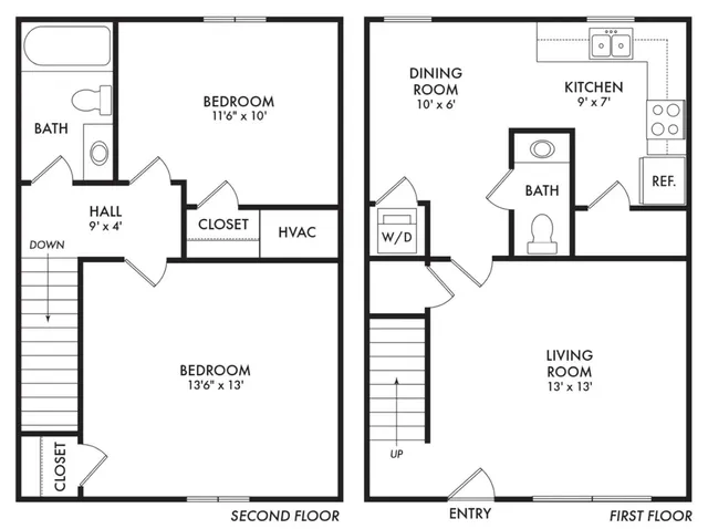 Contemporary two-story floor plan featuring 2 bedrooms, a spacious living room, cozy dining area, modern kitchen, and convenient baths.
