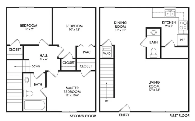 Elegant two-story floor plan with three bedrooms, spacious living room, modern kitchen, and dining area.