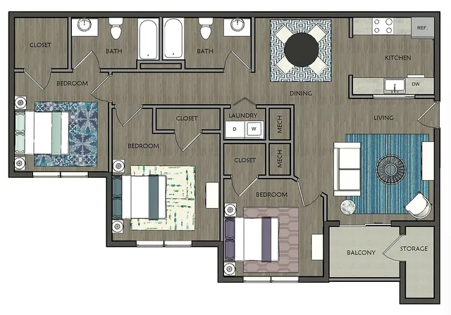 Modern 3-bedroom apartment floor plan featuring a spacious open living area, stylish kitchen, and two bathrooms, perfect for contemporary living.