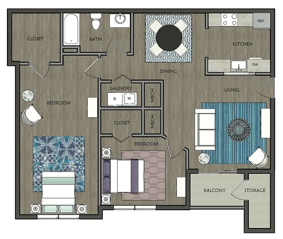 Modern floor plan with two bedrooms, open living and dining area, spacious kitchen, and balcony with storage.