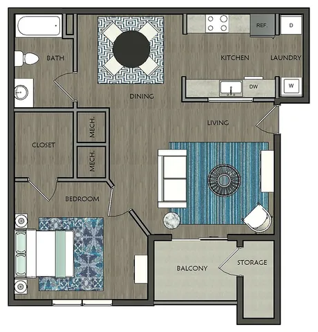 Contemporary 1-bedroom floor plan featuring open dining and living areas, a modern kitchen, and private balcony.