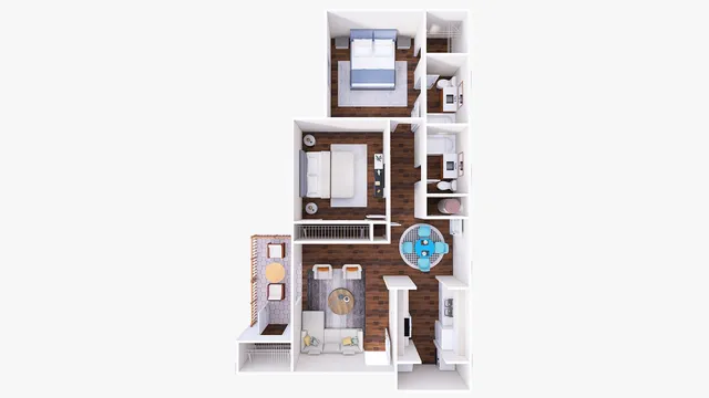 Chic 3D floor plan with 2 cozy bedrooms, modern kitchen, inviting living room, and charming balcony view.