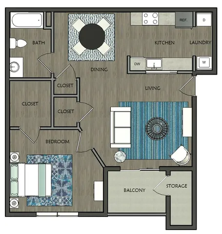 Modern 2D floor plan showcasing 1 bedroom with ample closets, an integrated kitchen and living area, stylish dining space, and a balcony with storage.