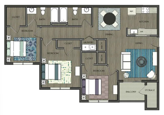 Modern apartment floor plan featuring three spacious bedrooms, two elegant bathrooms, an open dining area, a fully-equipped kitchen, and a cozy living room with access to a private balcony.