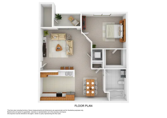 Charming 3D floor plan showcasing a cozy 1-bedroom apartment with an inviting living room, modern kitchen, and private balcony.