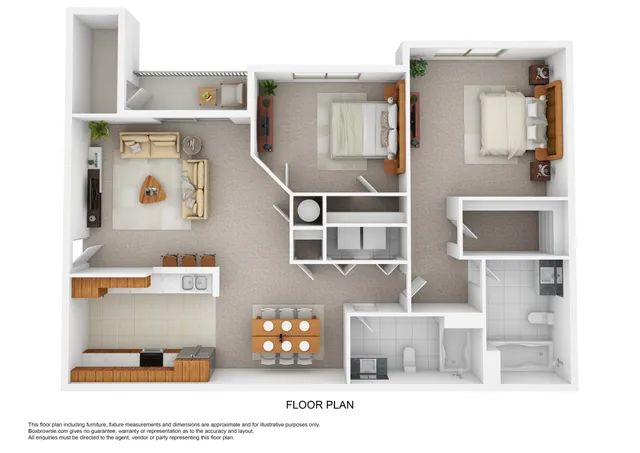 Modern floor plan showcasing 2 spacious bedrooms, an inviting open living room, and a fully equipped kitchen with breakfast bar.