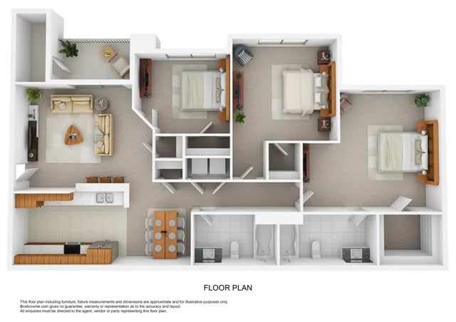 Modern 3D floor plan showcasing two bedrooms, a spacious living area, and a fully equipped kitchen with stylish dining space. Ideal for comfortable living.