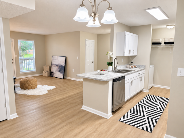Inviting open-concept apartment kitchen with modern white cabinetry, stylish granite countertops, and cozy living area with wooden floors and natural light.