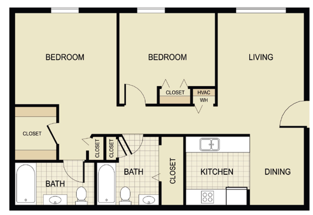 Inviting floor plan showcasing 2 spacious bedrooms, an expansive living area, modern kitchen, and 2 stylish bathrooms, ideal for comfortable living.