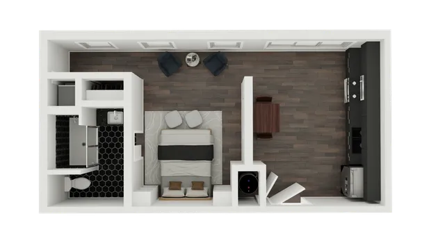 Modern studio apartment floor plan showcasing a cozy bedroom, sleek kitchen, and elegant bathroom with stylish finishes.