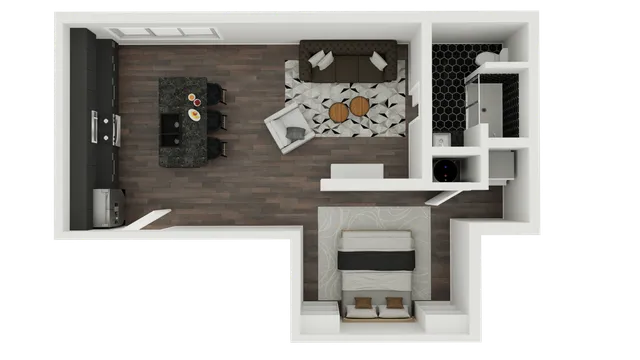 Modern open-concept floor plan featuring a stylish kitchen with island seating, cozy living room, and comfortable bedroom with a sleek black and white bathroom.