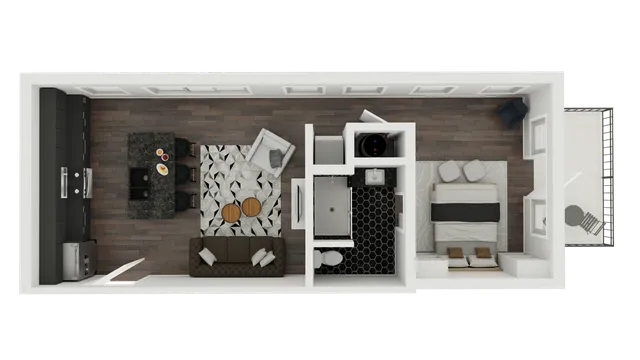 Modern apartment floor plan showcasing an open-concept kitchen and living area, cozy bedroom, and sleek bathroom with stylish decor.