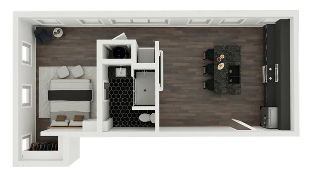Modern floor plan showcasing a sleek open kitchen with an island, elegant dining area, spacious bedroom, and contemporary bathroom.