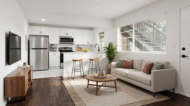 Modern open concept living space with sleek kitchen, cozy seating area, and abundant natural light.