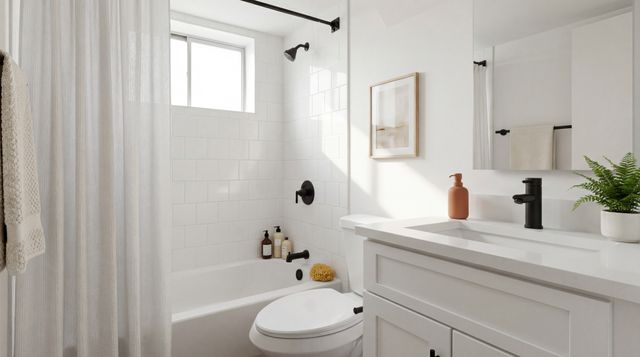 Modern bathroom with sleek design, featuring a white bathtub, stylish black fixtures, and a refreshing potted plant on the vanity.