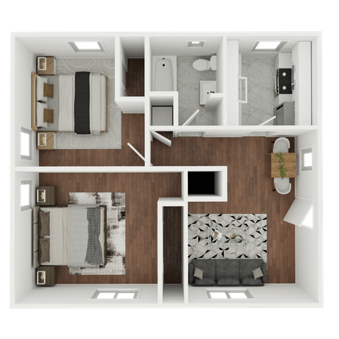 Modern 2D floor plan featuring 2 bedrooms, a sleek kitchen, cozy living room, and elegant bathroom with stylish design.