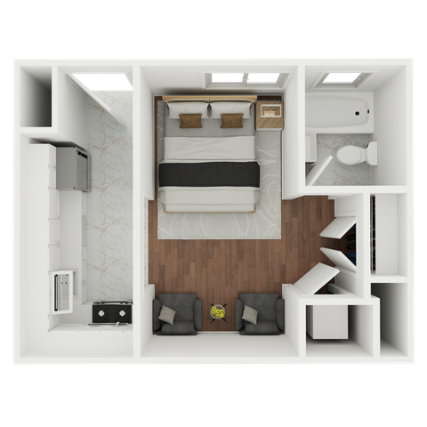 Chic apartment layout showcasing a cozy bedroom, modern kitchen, and an elegant bathroom, perfect for urban living.