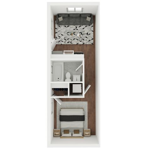 Modern 3D floor plan showcasing a cozy one-bedroom apartment, featuring a comfortable living area, stylish bathroom, and a spacious bedroom with elegant decor.