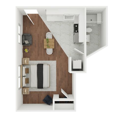 Chic studio apartment floor plan with cozy bedroom area, modern kitchen, and inviting living space on elegant wood flooring.
