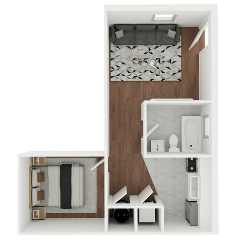 Modern minimalist floor plan showcasing a cozy 1-bedroom apartment with a sleek open-concept living area and stylish bathroom.