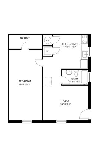 Modern floor plan showcasing a spacious one-bedroom apartment with an open living area, kitchen/dining space, and convenient washer/dryer setup.